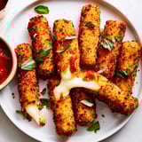 Melting cheese oozing from perfectly cooked air fryer mozzarella sticks, ready for a quick snack.