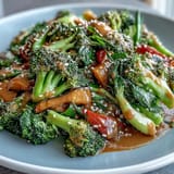 Healthy Easy Veggie Stir-Fry with Peanut Sauce served over jasmine rice, topped with chopped peanuts, green onions, and sesame seeds for a vibrant, protein-rich meal.