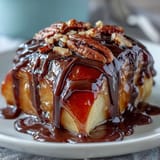 Hand-dipped apple slices coated in buttery caramel and finished with a glossy chocolate drizzle for an irresistible sweet treat.  