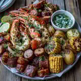A vibrant sheet pan dinner with tender crawfish, smoky sausage, and roasted vegetables seasoned with Cajun spices and lemon.