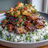 Tender chicken glazed in homemade teriyaki sauce, served with tropical pineapple and crisp vegetables over fluffy rice for a balanced meal.