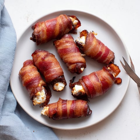 Crispy bacon embraces creamy goat cheese within these delicious Bacon-Wrapped Dates.