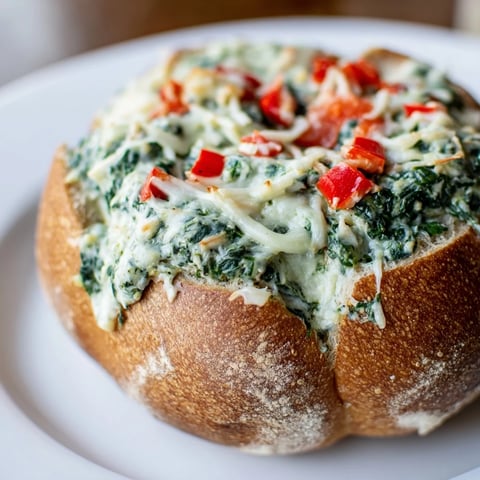 Warm, bubbly Express Holiday Spinach Dip in a sourdough bread bowl, ready to serve with dippers.