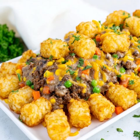 Golden brown tater tots top the savory ground beef in this Quick Christmas Tater Tot Casserole.