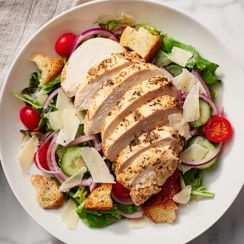 Quick Crunchy Lemon Parmesan Chicken Salad, showcasing tender chicken over greens with zesty, creamy dressing.