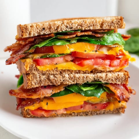 Golden, crispy Turkey Bacon, Spinach & Tomato Grilled Cheese with melted cheese oozing out.
