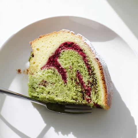 Red & green swirl matcha marble pound cake, moist and swirled, is ready for slicing and enjoying with tea.