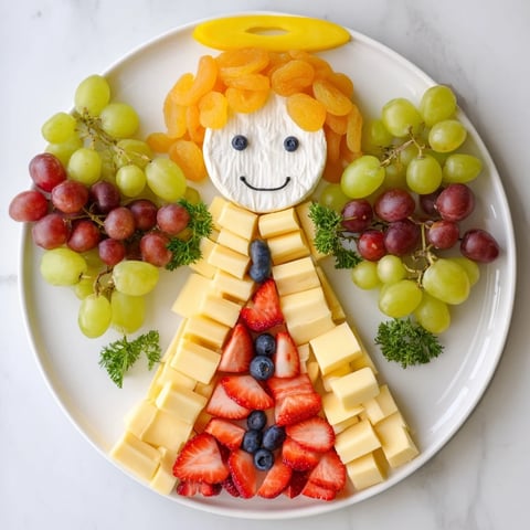 Delectable Cherub Angel Snack Tray with fresh fruit, cheeses, and sweet treats in a party platter.