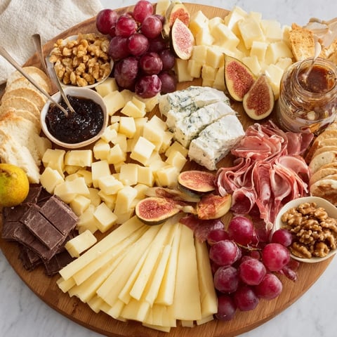 Moments Magiques Plateau Bonne Année 2026: a beautifully arranged French appetizer platter with cheeses, charcuterie, and fruits.