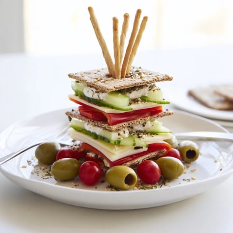 Urban Skyscraper Appetizers: Towering cheese and veggie stacks on crackers, a savory party treat.