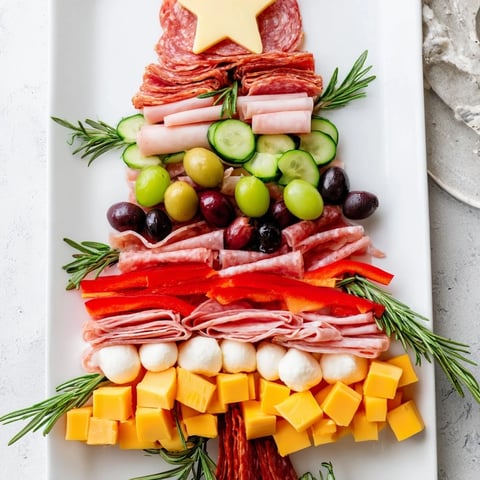 Christmas Tree Charcuterie Board brimming with meats, cheeses, and vibrant fruits, ready to serve for holidays.