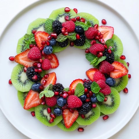 Vibrant Fruit Plate: Kiwi and berry holiday wreath, a delicious holiday appetizer, bursting with fresh berries.