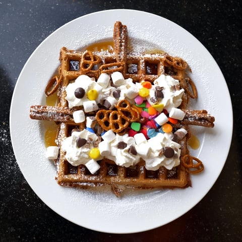 Golden, crisp gingerbread house waffles await, perfect for a cozy holiday breakfast buffet of toppings.