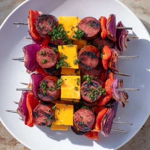 Savory Skewers: Chimney Stack Sausage and Cheese glistening with a smoky glaze on the grill.