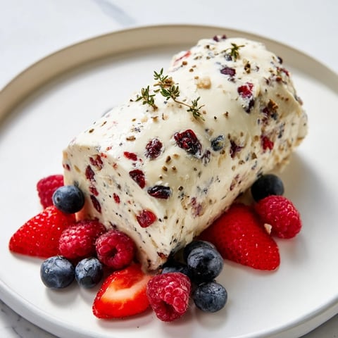 Creamy Cranberry & Goat Cheese Log is garnished with a vibrant array of fresh berries, perfect appetizer.