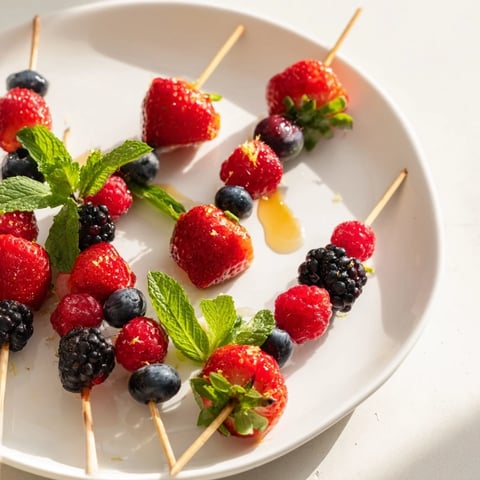 Fresh, colorful fruit skewers with juicy berries and fragrant mint, a perfect summer snack.
