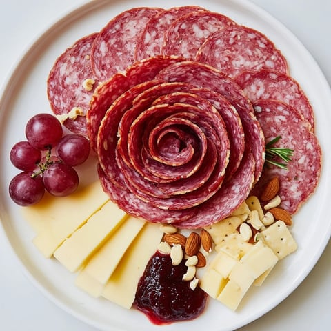 Easy Charcuterie featuring a vibrant salami rose, brie, and strawberries, a perfect appetizer.