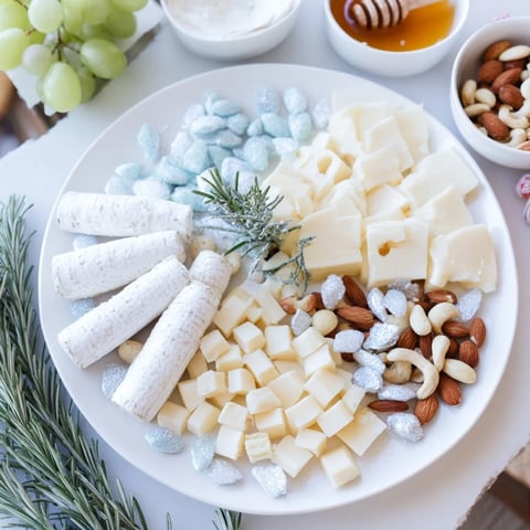 Winter Wonderland Platter: a beautifully arranged appetizer board with cheeses, nuts, and sugared almonds.