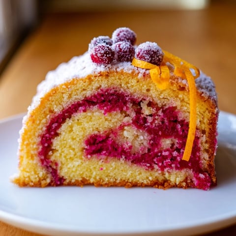 Vibrant swirls of cranberry and orange in this festive Cranberry Orange Swirl cake image.