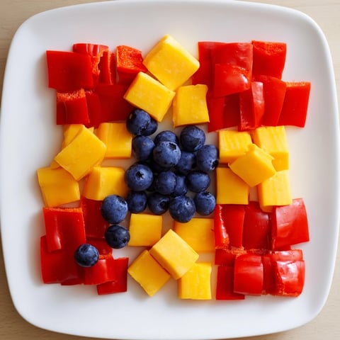 The Bauhaus Block appetizer: vibrant red peppers, yellow cheese, and blue grapes artfully arranged.