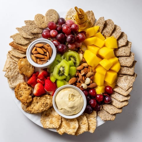 A colorful Hidden Oasis appetizer, a ring of crackers and nuts surrounding fresh fruits and dips.