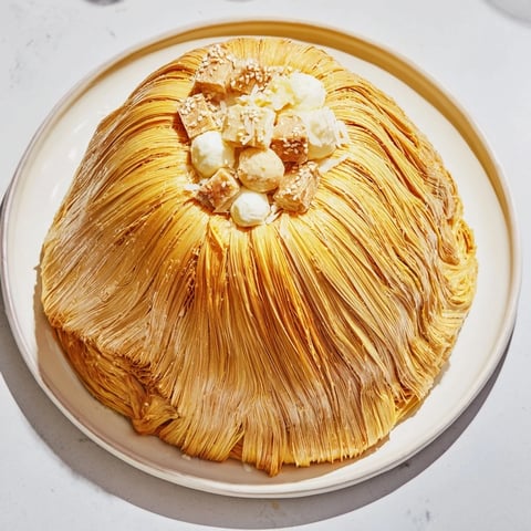 A stunning overhead shot of The Gilded Cage, showcasing beautiful cheese within golden breadsticks.