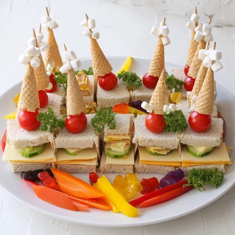 Fairy Tale Castle Platter with colorful veggies and sweet treats perfectly displayed for a kids' party.
