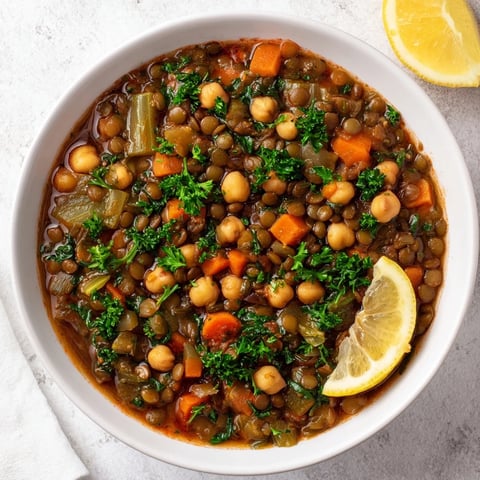 A steaming bowl of comforting Middle Eastern Lentil and Chickpea Stew, garnished with fresh parsley.