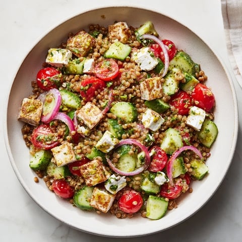Delicious Mediterranean Chickpea and Feta Bowl, brimming with fresh veggies and crumbled vegan feta cheese.
