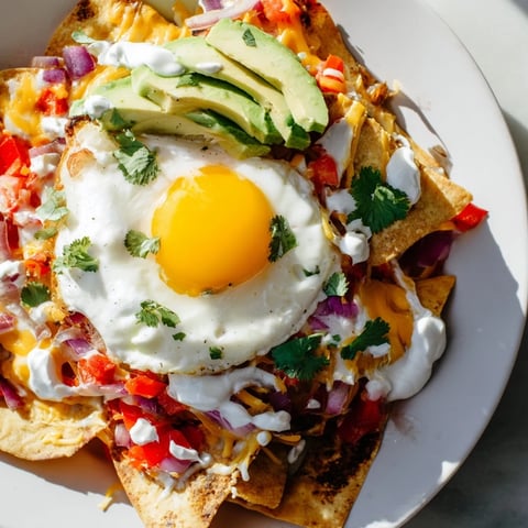 Golden, bubbly cheese covers breakfast nachos, beautifully topped with perfectly fried eggs, ready to eat.