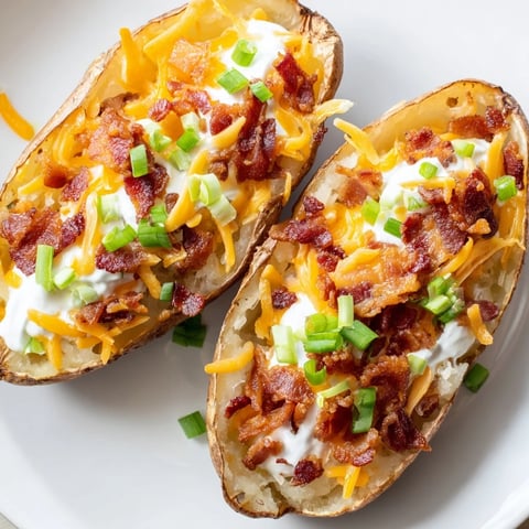 Golden, crispy Loaded Baked Potato Skins, generously filled with gooey cheese and bacon crumbles, ready to devour.
