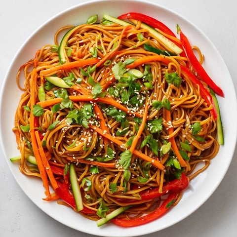 Vibrant image of Garlic Noodle Salad, tossed with crisp vegetables and a fragrant garlic dressing, ready to enjoy.