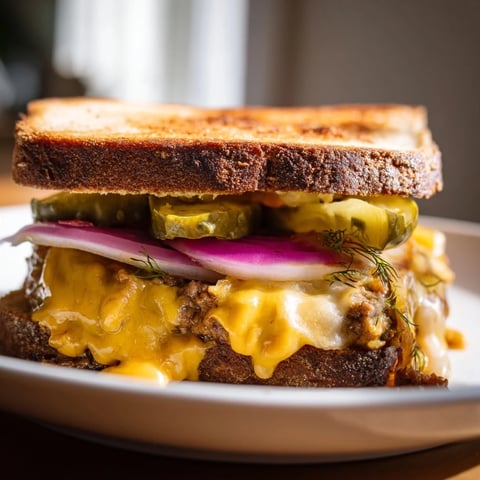 Golden-brown Smashed Burger Grilled Cheese, oozing cheese, promising a savory, satisfying bite, perfect for dinner.