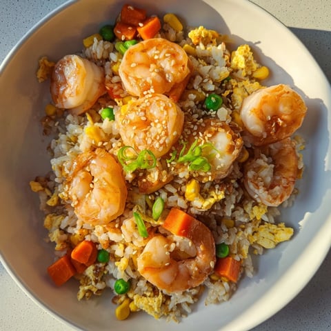 Steaming bowl of shrimp fried rice, garnished with scallions, ready for enjoying a delicious meal.