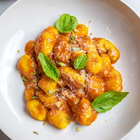 Creamy Tomato Gnocchi, glistening with Parmesan, ready to serve in a warm, inviting skillet.