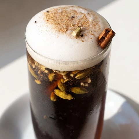 Frothy cold foam tops this homemade iced chai, offering a creamy, spiced delight in a glass.