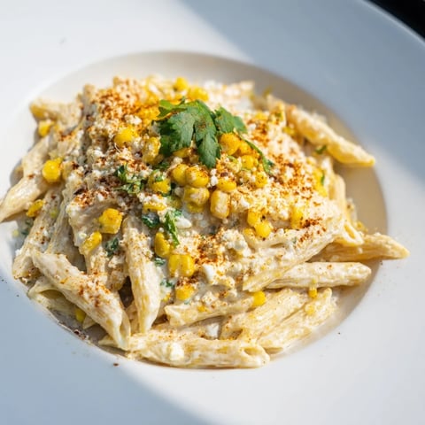 Creamy Mexican Street Corn Pasta, featuring golden corn and crumbled cotija, ready to serve.