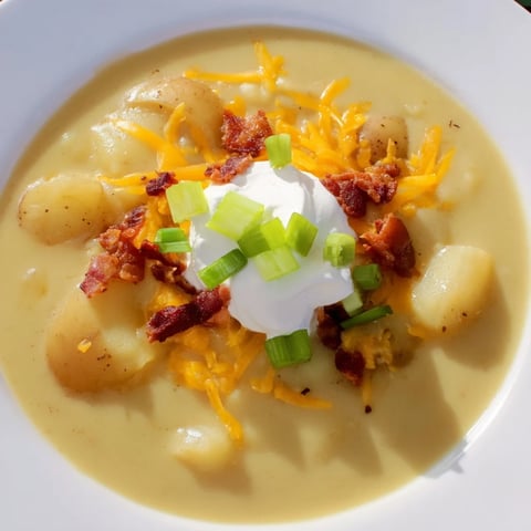 Steaming bowl of Loaded Baked Potato Soup, garnished with cheddar, bacon, and green onions.