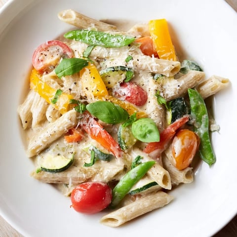 One-Pot Creamy Pasta Primavera bubbling, filled with colorful vegetables and pasta, ready to serve.