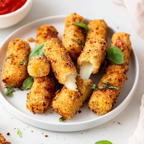 Golden brown and crispy air fryer mozzarella sticks, perfect for dipping in warm marinara sauce.