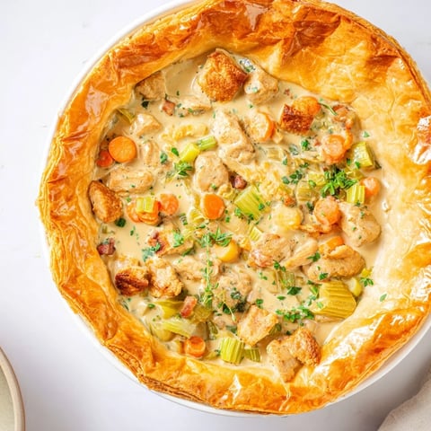 Golden-brown, flaky pastry tops the bubbling Chicken and Leek Pie, revealing tender chicken, smoky bacon, and sautéed leeks in a creamy herb sauce.  