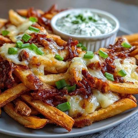 Golden, crispy Cheesy BBQ Fries with Ranch Dip topped with melted cheddar and fresh green onions.