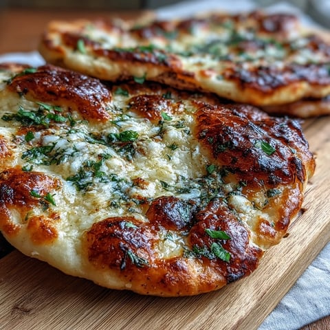 Warm, bubbly The Best Easy Garlic Naan Bread brushed with melted garlic butter, ready to serve.