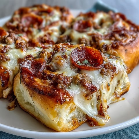 Golden-brown, high protein pepperoni pizza rolls fresh from the oven, with melted mozzarella and savory beef filling peeking out.  