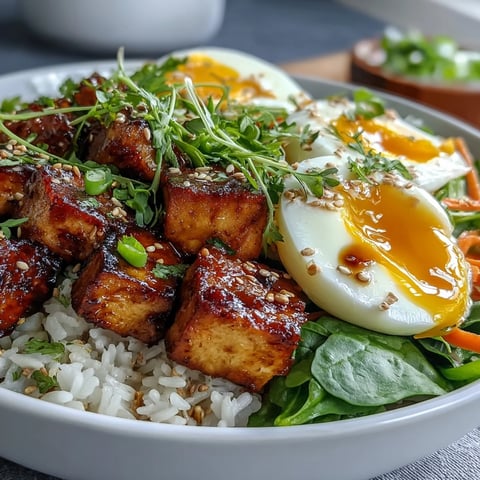 Golden jammy eggs glisten over seasoned tofu, fresh greens, and warm rice in this nourishing Tofu Jammy Egg Breakfast Bowl.