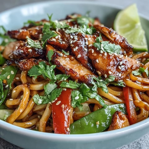 Sesame Chicken Noodle Bowl with tender chicken, crisp veggies, and a glossy sesame sauce in a bowl.