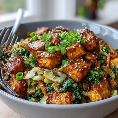 Golden pan-fried tofu cubes glisten in this Tofu Egg Roll in a Bowl, surrounded by vibrant green cabbage and julienned carrots.