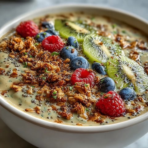 Creamy Hojicha Smoothie Bowl topped with fresh berries, kiwi, and crunchy granola for a nourishing Japanese-inspired breakfast.