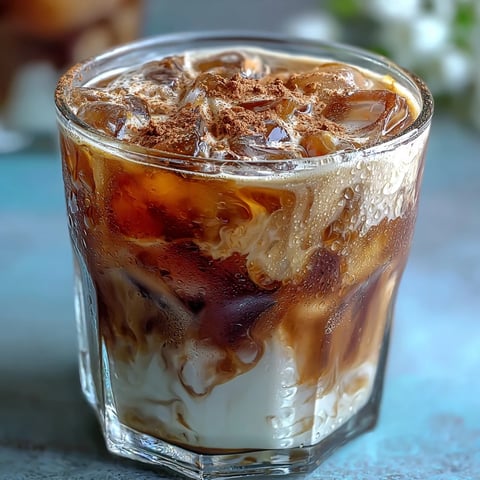 Iced Hojicha with Cinnamon served over ice in a clear glass, creamy milk swirls mingling with roasted tea.