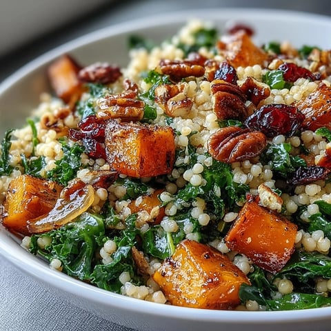 Perfectly cooked pearl couscous, tender roasted butternut squash, and massaged kale create a vibrant Honey Autumn Pearl Couscous Salad.